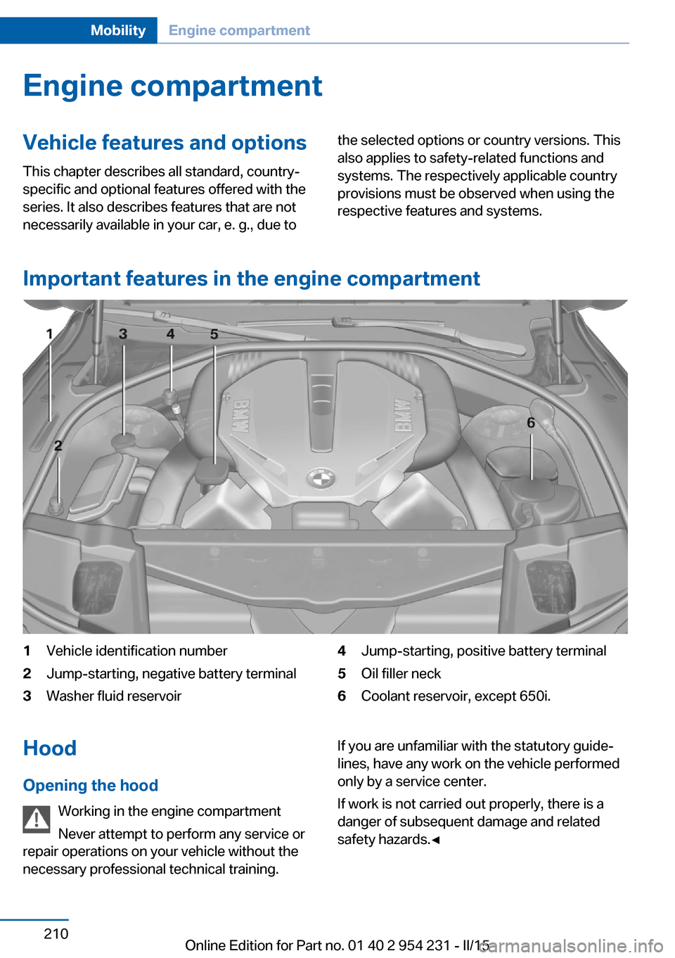 BMW 6 SERIES GRAN COUPE 2015 F06 Owners Manual Engine compartmentVehicle features and optionsThis chapter describes all standard, country-
specific and optional features offered with the
series. It also describes features that are not
necessarily 