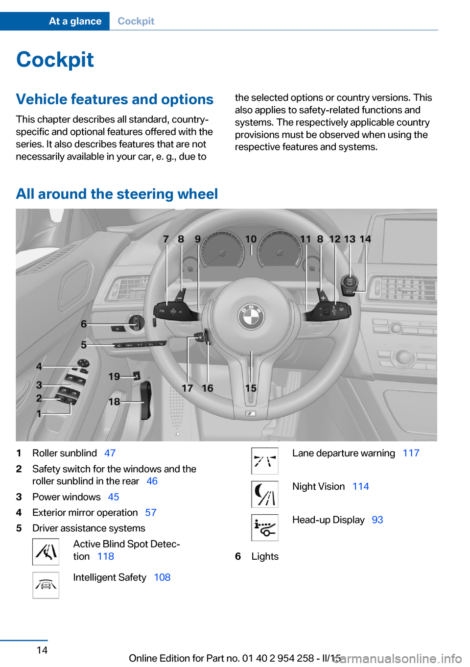 BMW M6 GRAN COUPE 2015 F06M Owners Manual CockpitVehicle features and options
This chapter describes all standard, country-
specific and optional features offered with the
series. It also describes features that are not
necessarily available 