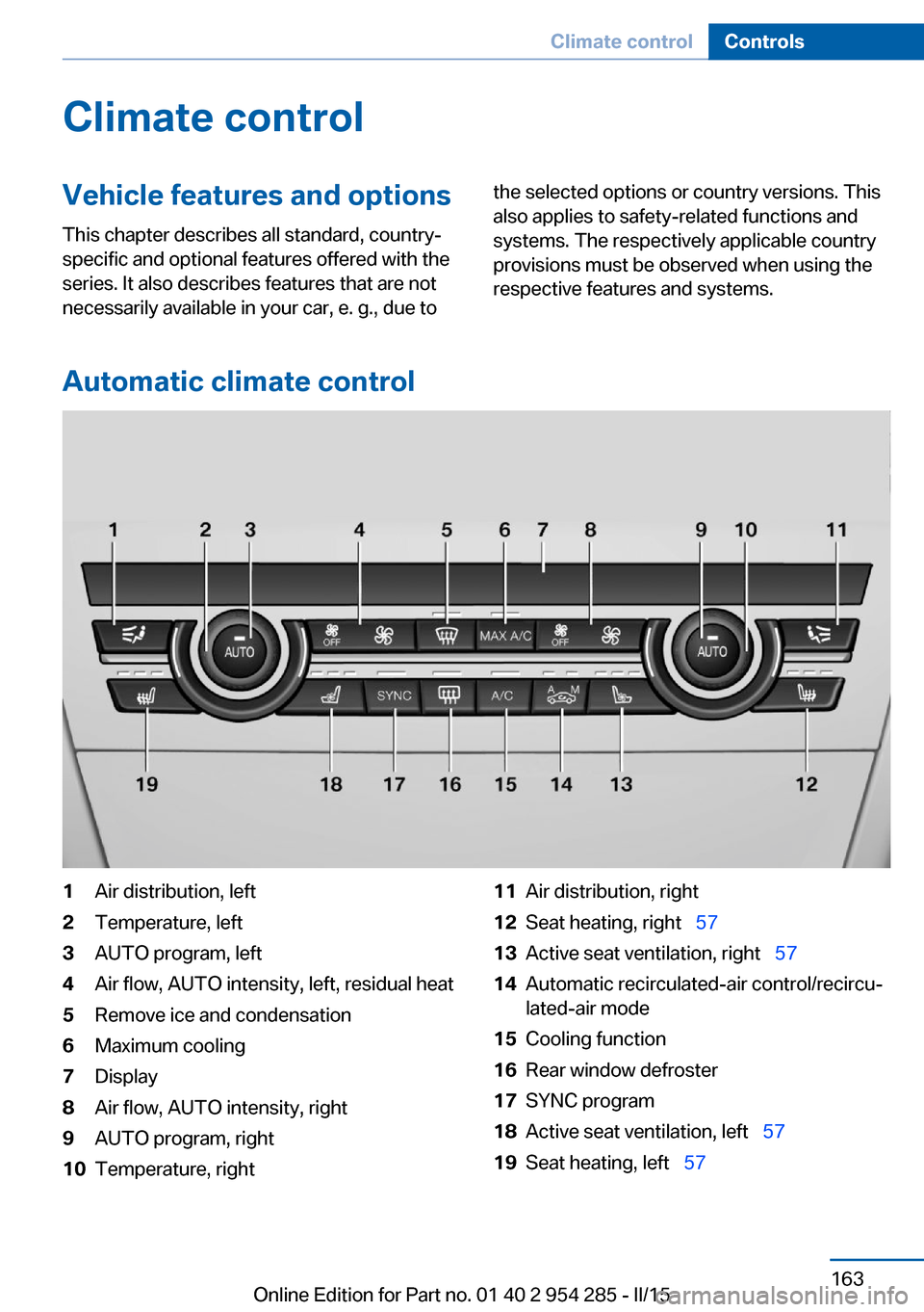 BMW 5 SERIES GRAN TURISMO 2015 F07 Owners Manual Climate controlVehicle features and options
This chapter describes all standard, country-
specific and optional features offered with the
series. It also describes features that are not
necessarily av