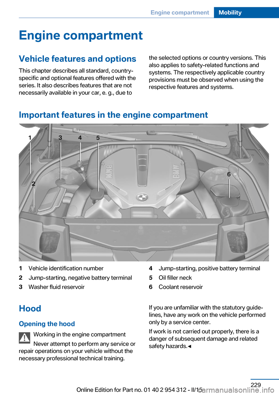 BMW 5 SERIES 2015 F10 Owners Manual Engine compartmentVehicle features and optionsThis chapter describes all standard, country-
specific and optional features offered with the
series. It also describes features that are not
necessarily 