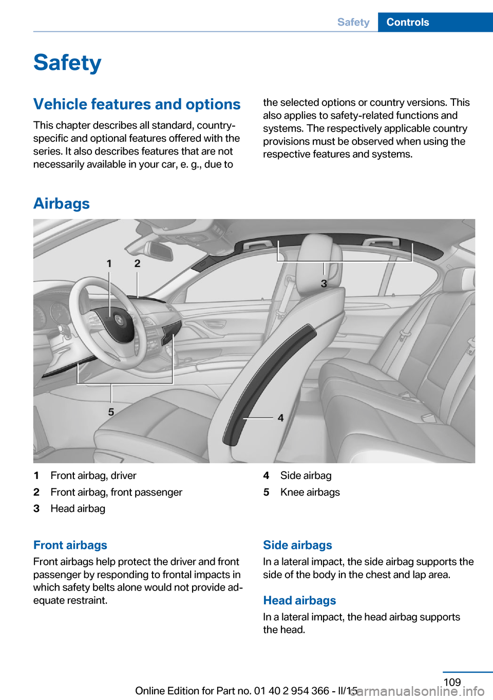 BMW ACTIVE HYBRID 5 2015 F10H Owners Manual SafetyVehicle features and options
This chapter describes all standard, country-
specific and optional features offered with the
series. It also describes features that are not
necessarily available i