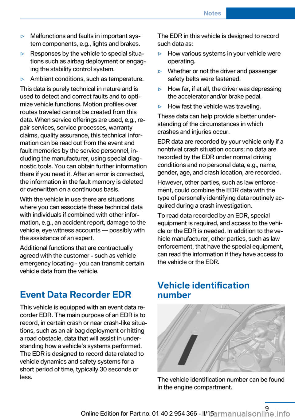 BMW ACTIVE HYBRID 5 2015 F10H Owners Manual ▷Malfunctions and faults in important sys‐
tem components, e.g., lights and brakes.▷Responses by the vehicle to special situa‐
tions such as airbag deployment or engag‐
ing the stability con