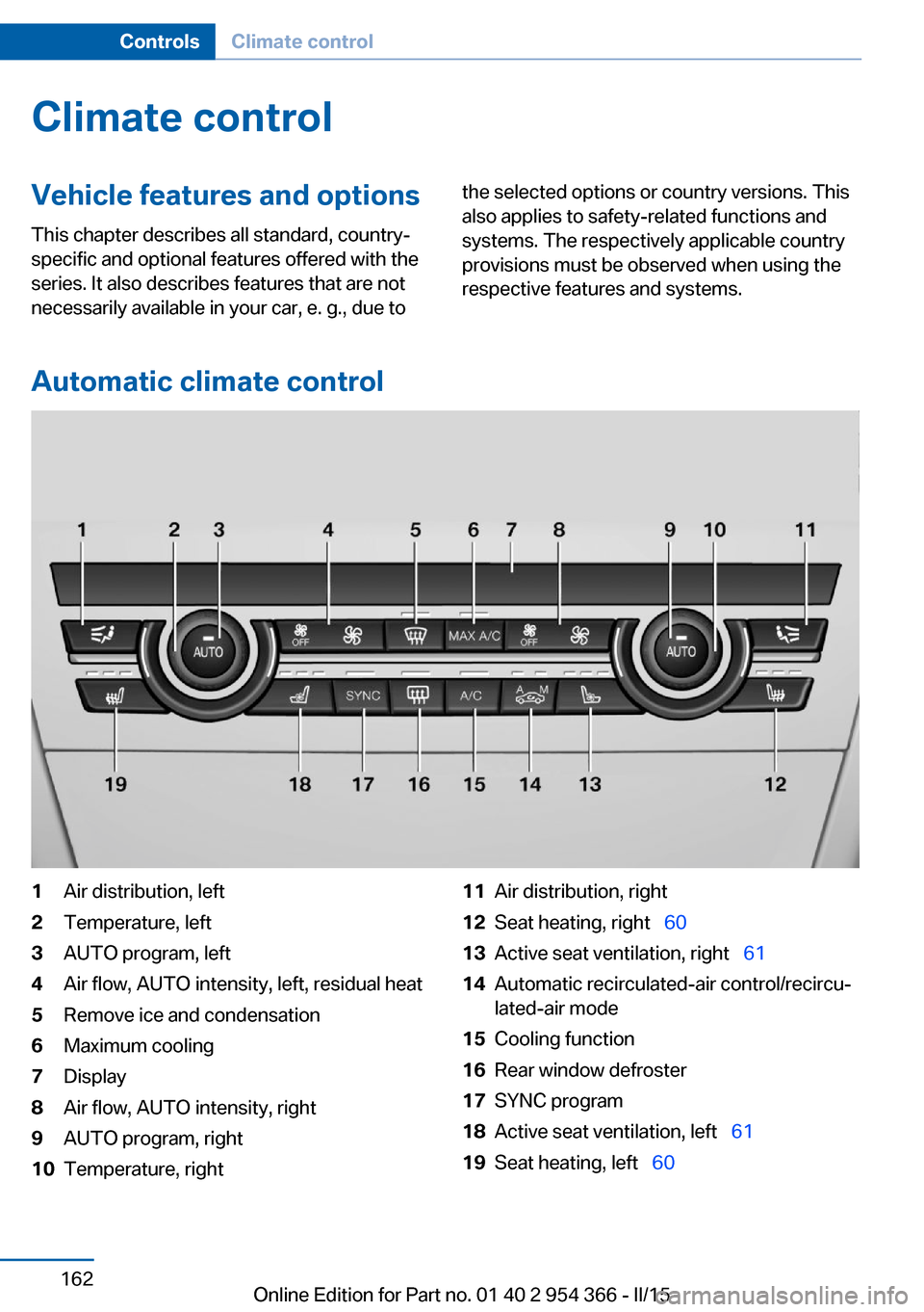 BMW ACTIVE HYBRID 5 2015 F10H Owners Manual Climate controlVehicle features and options
This chapter describes all standard, country-
specific and optional features offered with the
series. It also describes features that are not
necessarily av