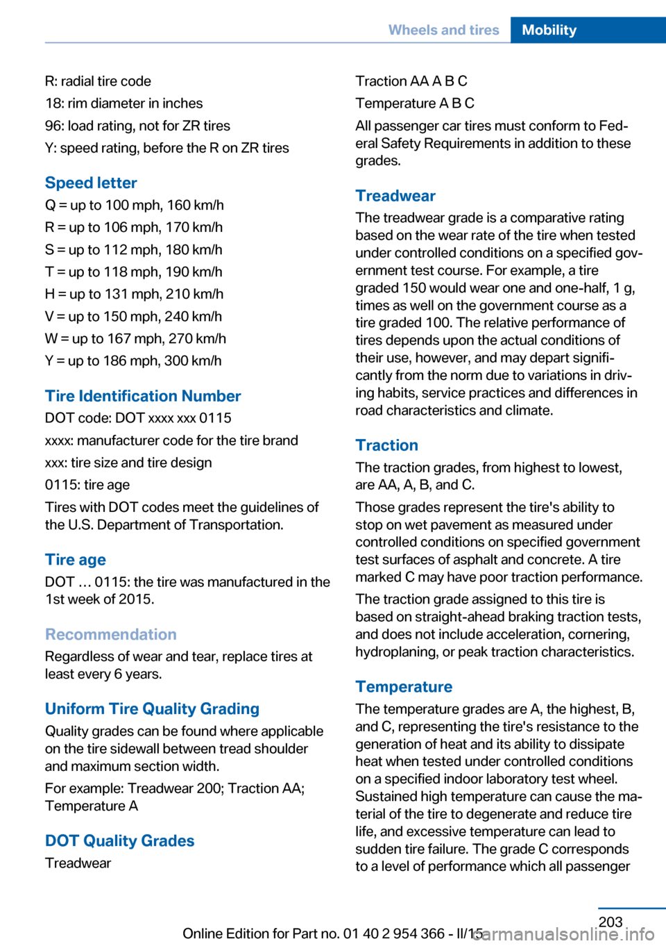 BMW ACTIVE HYBRID 5 2015 F10H Owners Manual R: radial tire code
18: rim diameter in inches
96: load rating, not for ZR tires
Y: speed rating, before the R on ZR tires
Speed letter
Q = up to 100 mph, 160 km/h
R = up to 106 mph, 170 km/h
S = up t