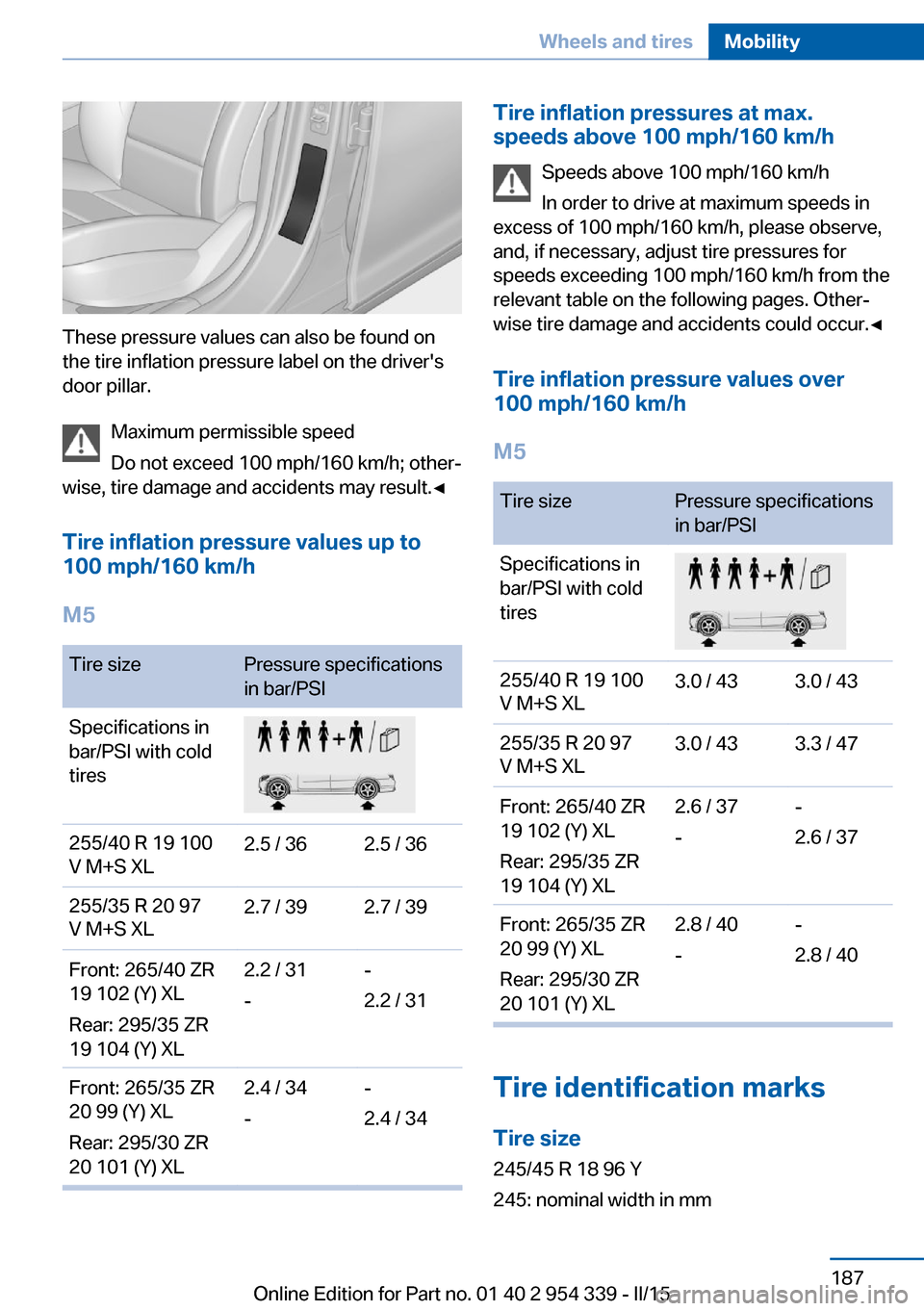 BMW M5 2015 F10M Owners Manual These pressure values can also be found on
the tire inflation pressure label on the drivers
door pillar.
Maximum permissible speed
Do not exceed 100 mph/160 km/h; other‐
wise, tire damage and accid BMW M5 2015 F10M Owners Manual These pressure values can also be found on
the tire inflation pressure label on the drivers
door pillar.
Maximum permissible speed
Do not exceed 100 mph/160 km/h; other‐
wise, tire damage and accid