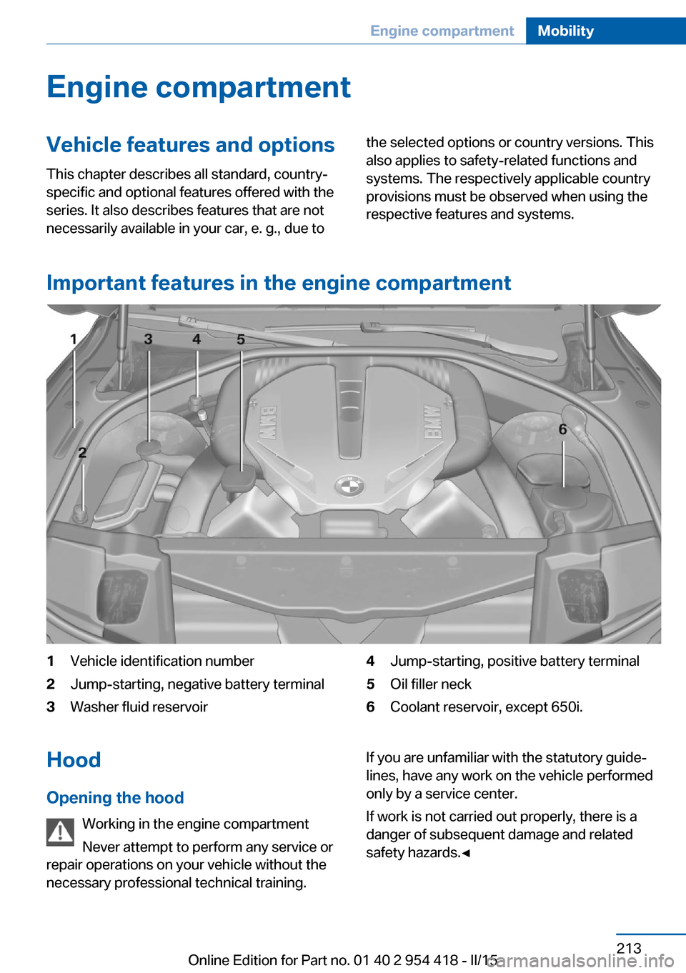 BMW 6 SERIES CONVERTIBLE 2015 F12 Owners Manual Engine compartmentVehicle features and optionsThis chapter describes all standard, country-
specific and optional features offered with the
series. It also describes features that are not
necessarily 