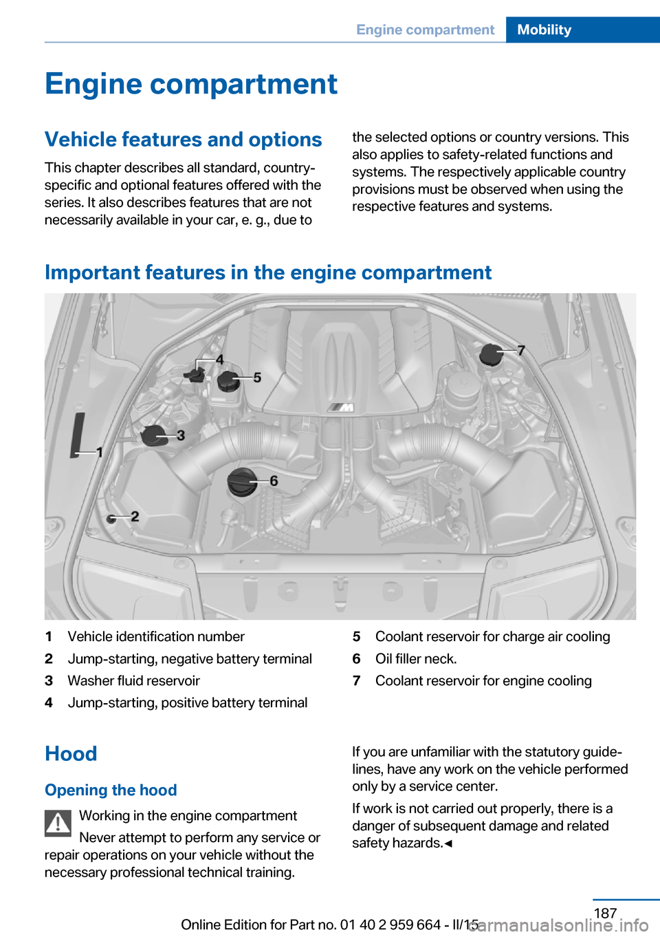 BMW M6 CONVERTIBLE 2015 F12M Owners Manual Engine compartmentVehicle features and optionsThis chapter describes all standard, country-
specific and optional features offered with the
series. It also describes features that are not
necessarily 