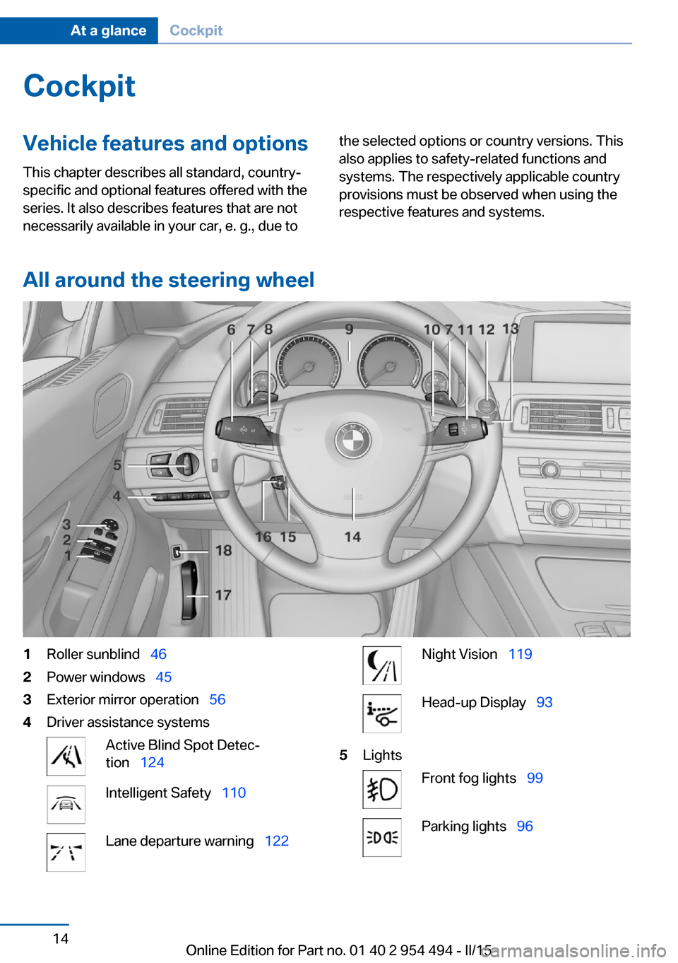 BMW 6 SERIES COUPE 2015 F13 User Guide CockpitVehicle features and options
This chapter describes all standard, country-
specific and optional features offered with the
series. It also describes features that are not
necessarily available 