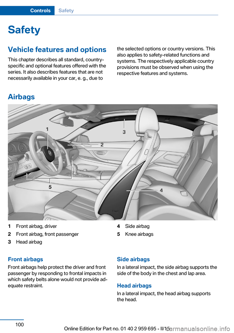 BMW M6 COUPE 2015 F13M Owners Manual SafetyVehicle features and options
This chapter describes all standard, country-
specific and optional features offered with the
series. It also describes features that are not
necessarily available i
