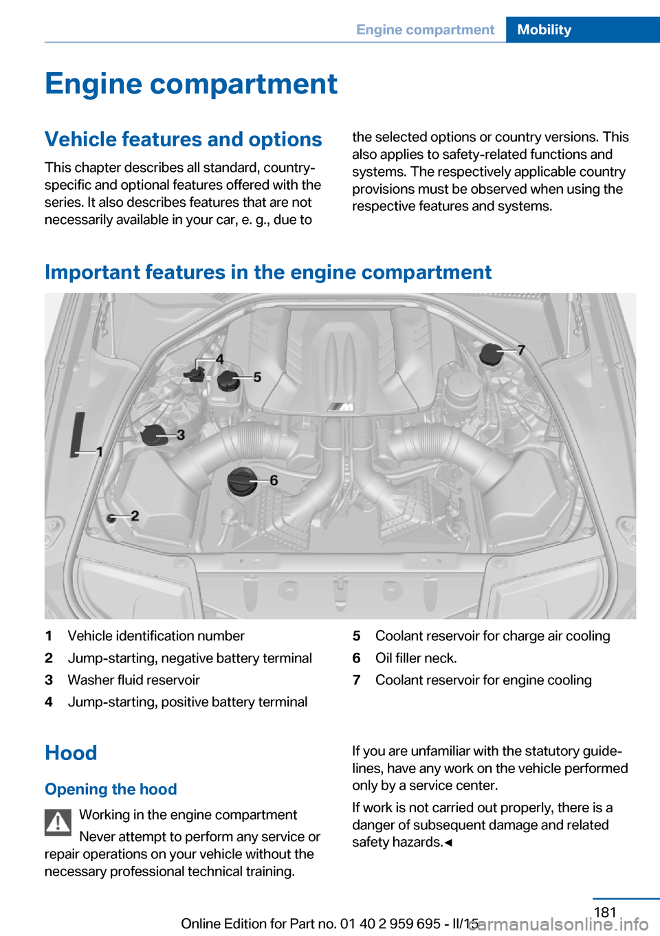 BMW M6 COUPE 2015 F13M Owners Manual Engine compartmentVehicle features and optionsThis chapter describes all standard, country-
specific and optional features offered with the
series. It also describes features that are not
necessarily 