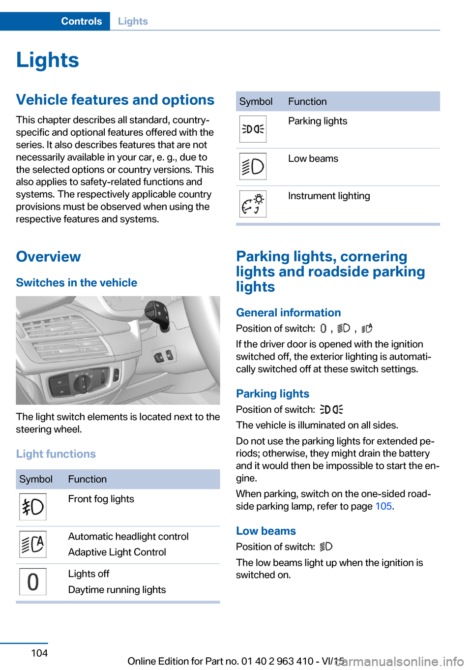 BMW X5 2015 F15 Service Manual LightsVehicle features and optionsThis chapter describes all standard, country-
specific and optional features offered with the
series. It also describes features that are not
necessarily available in