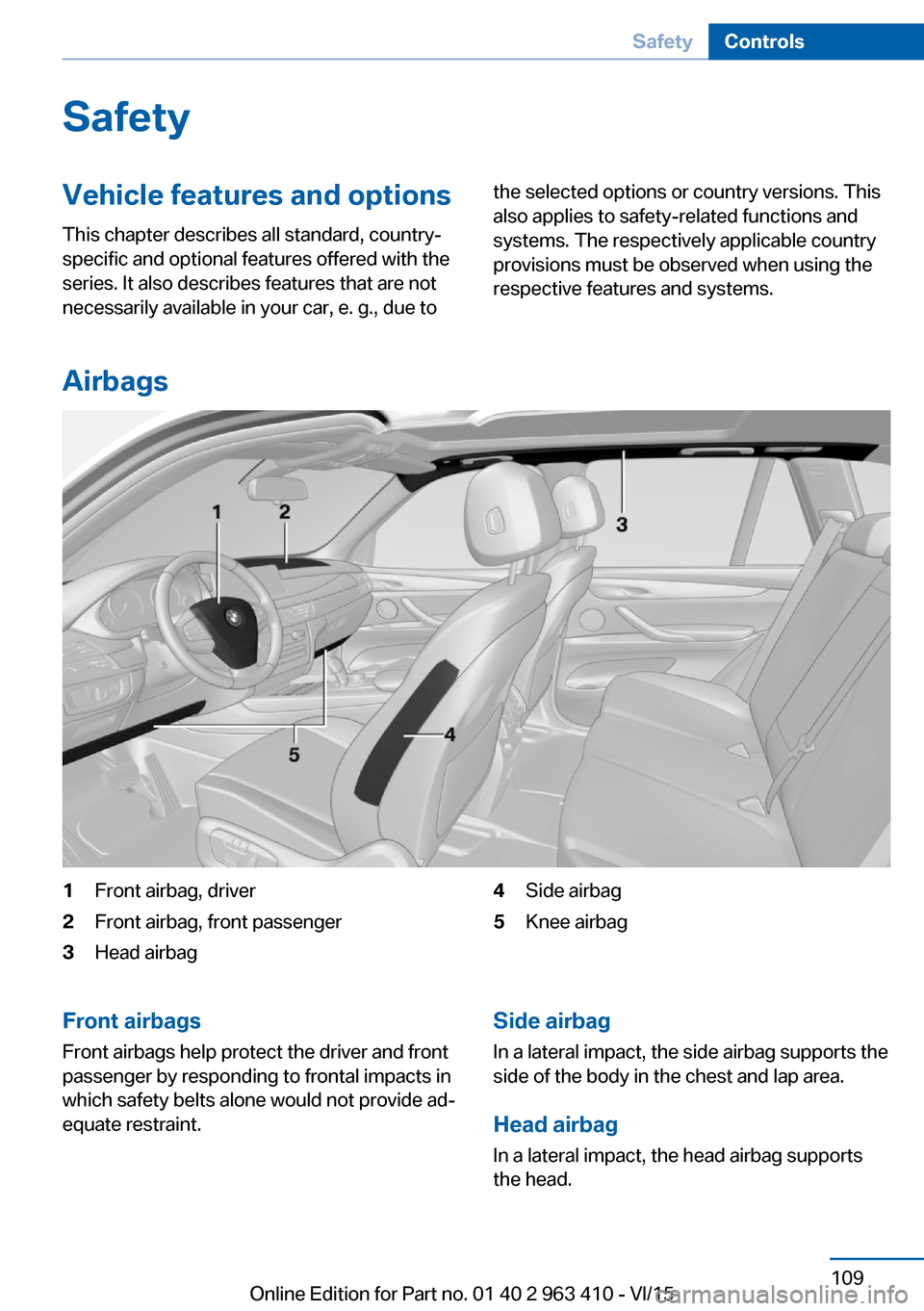 BMW X5 2015 F15 Owners Manual SafetyVehicle features and options
This chapter describes all standard, country-
specific and optional features offered with the
series. It also describes features that are not
necessarily available i