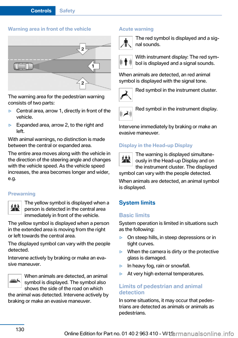 BMW X5 2015 F15 User Guide Warning area in front of the vehicle
The warning area for the pedestrian warning
consists of two parts:
▷Central area, arrow 1, directly in front of the
vehicle.▷Expanded area, arrow 2, to the rig