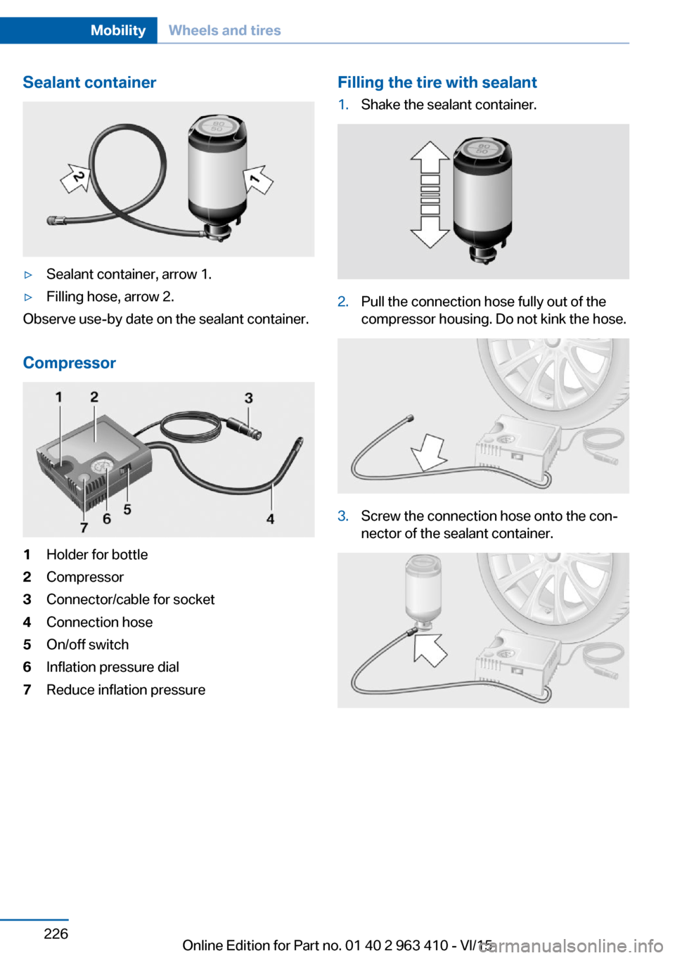 BMW X5 2015 F15 User Guide Sealant container▷Sealant container, arrow 1.▷Filling hose, arrow 2.
Observe use-by date on the sealant container.
Compressor
1Holder for bottle2Compressor3Connector/cable for socket4Connection ho