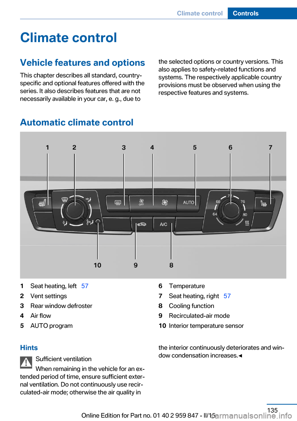 BMW 2 SERIES CONVERTIBLE 2015 F23 Owners Manual Climate controlVehicle features and options
This chapter describes all standard, country-
specific and optional features offered with the
series. It also describes features that are not
necessarily av