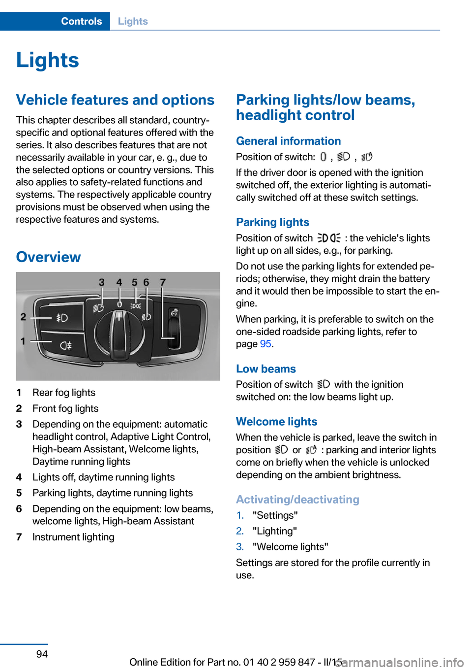BMW 2 SERIES CONVERTIBLE 2015 F23 Owners Manual LightsVehicle features and optionsThis chapter describes all standard, country-
specific and optional features offered with the
series. It also describes features that are not
necessarily available in BMW 2 SERIES CONVERTIBLE 2015 F23 Owners Manual LightsVehicle features and optionsThis chapter describes all standard, country-
specific and optional features offered with the
series. It also describes features that are not
necessarily available in