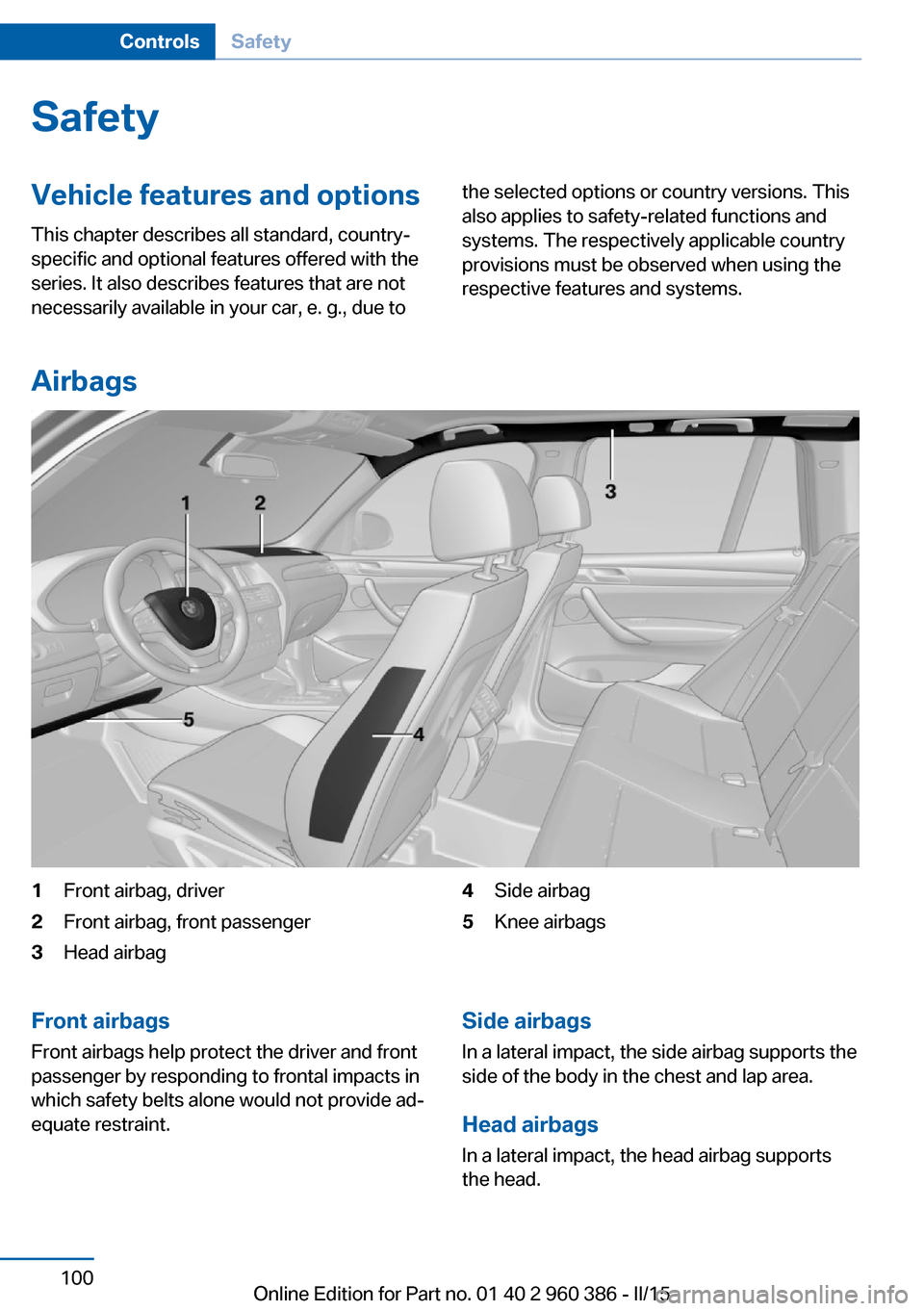 BMW X3 2015 F25 Owners Manual SafetyVehicle features and options
This chapter describes all standard, country-
specific and optional features offered with the
series. It also describes features that are not
necessarily available i