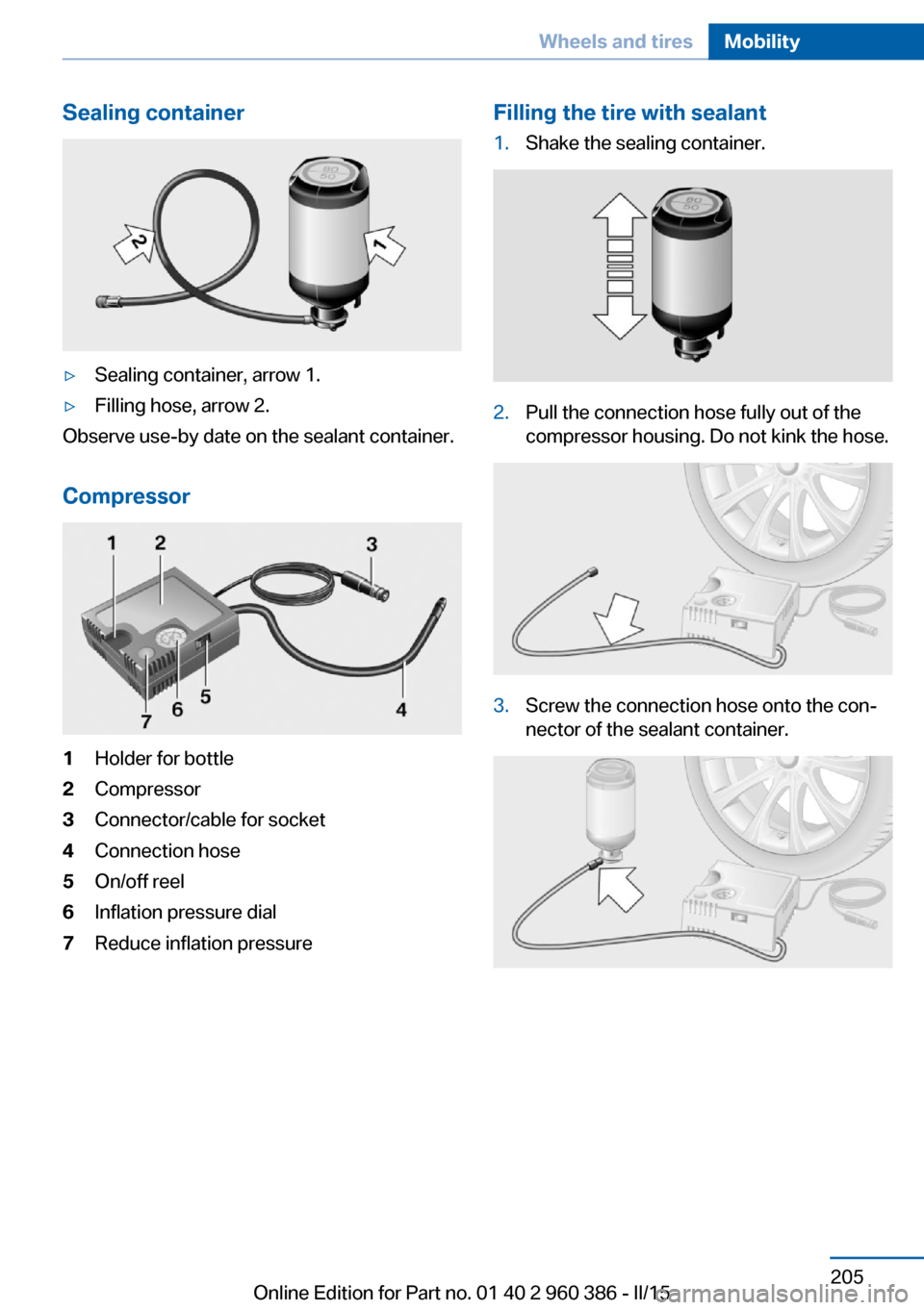 BMW X3 2015 F25 Owners Guide Sealing container▷Sealing container, arrow 1.▷Filling hose, arrow 2.
Observe use-by date on the sealant container.
Compressor
1Holder for bottle2Compressor3Connector/cable for socket4Connection ho