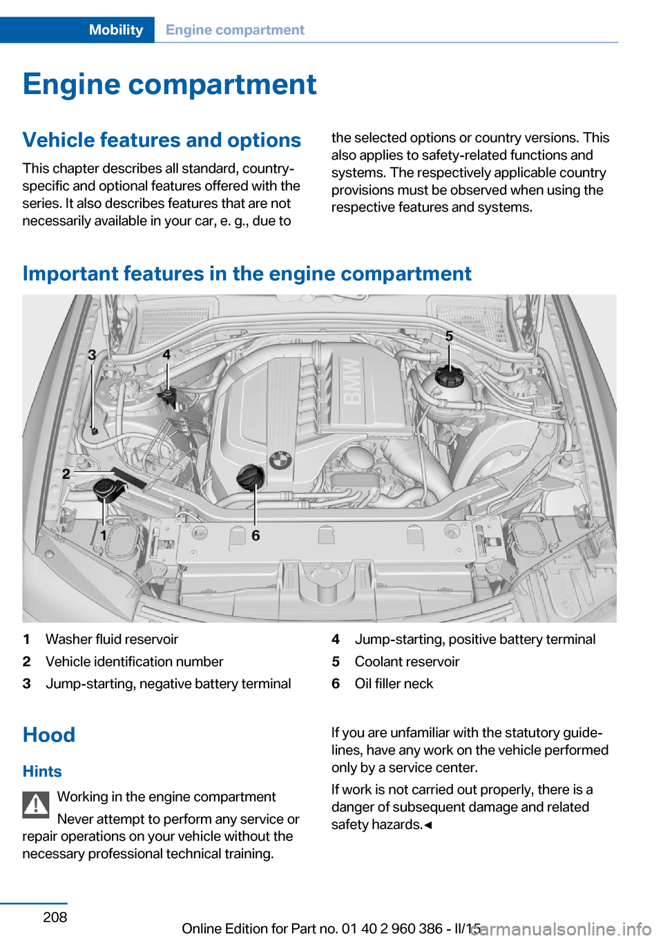 BMW X3 2015 F25 Owners Manual Engine compartmentVehicle features and optionsThis chapter describes all standard, country-
specific and optional features offered with the
series. It also describes features that are not
necessarily 