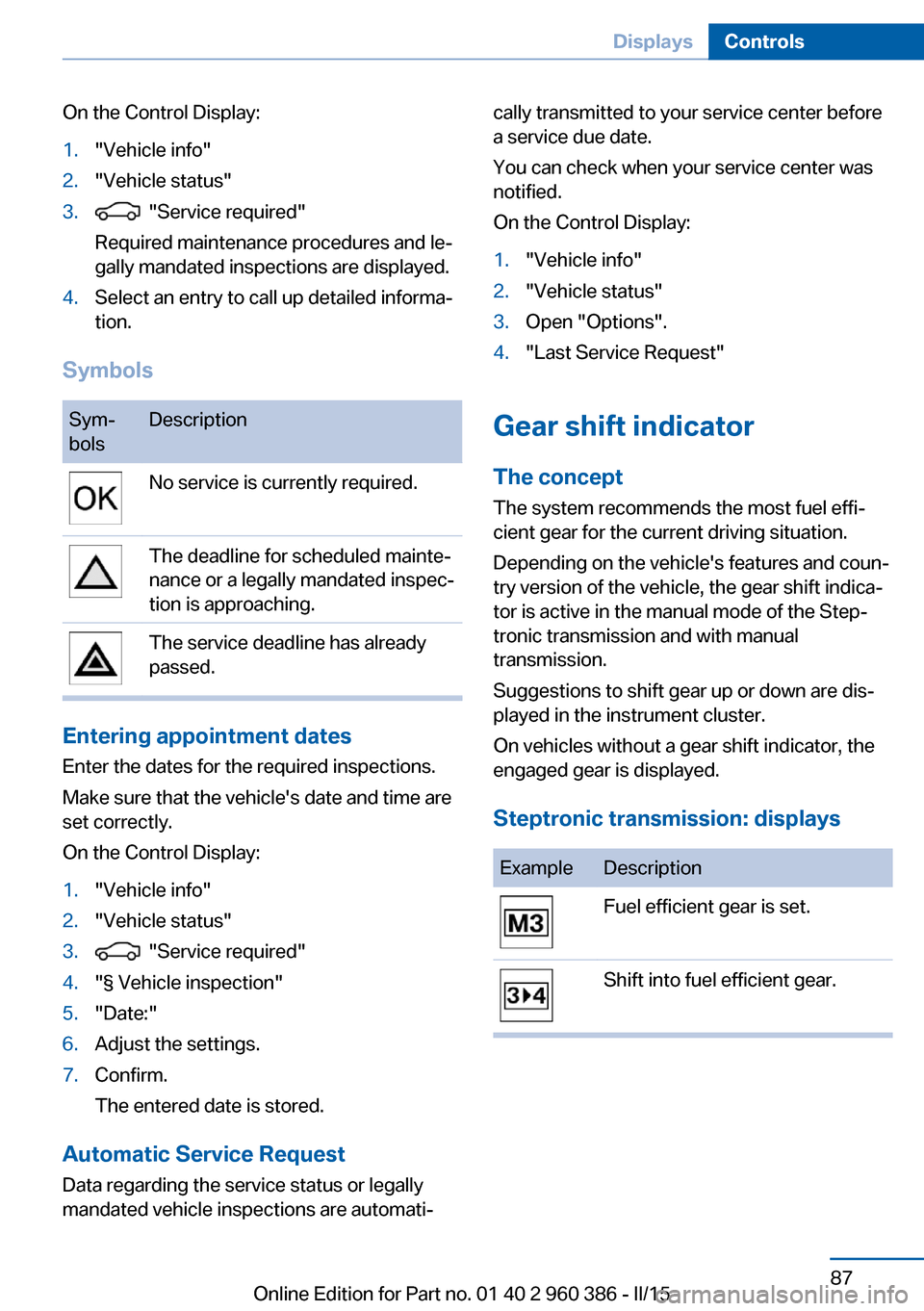 BMW X3 2015 F25 Owners Manual (257 Pages)