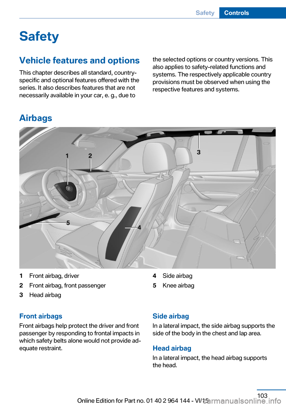 BMW X4 2015 F26 Owners Manual SafetyVehicle features and options
This chapter describes all standard, country-
specific and optional features offered with the
series. It also describes features that are not
necessarily available i BMW X4 2015 F26 Owners Manual SafetyVehicle features and options
This chapter describes all standard, country-
specific and optional features offered with the
series. It also describes features that are not
necessarily available i