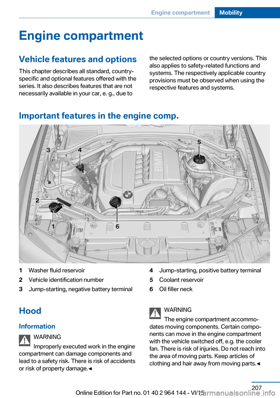 BMW X4 2015 F26 Owners Manual Engine compartmentVehicle features and optionsThis chapter describes all standard, country-
specific and optional features offered with the
series. It also describes features that are not
necessarily 