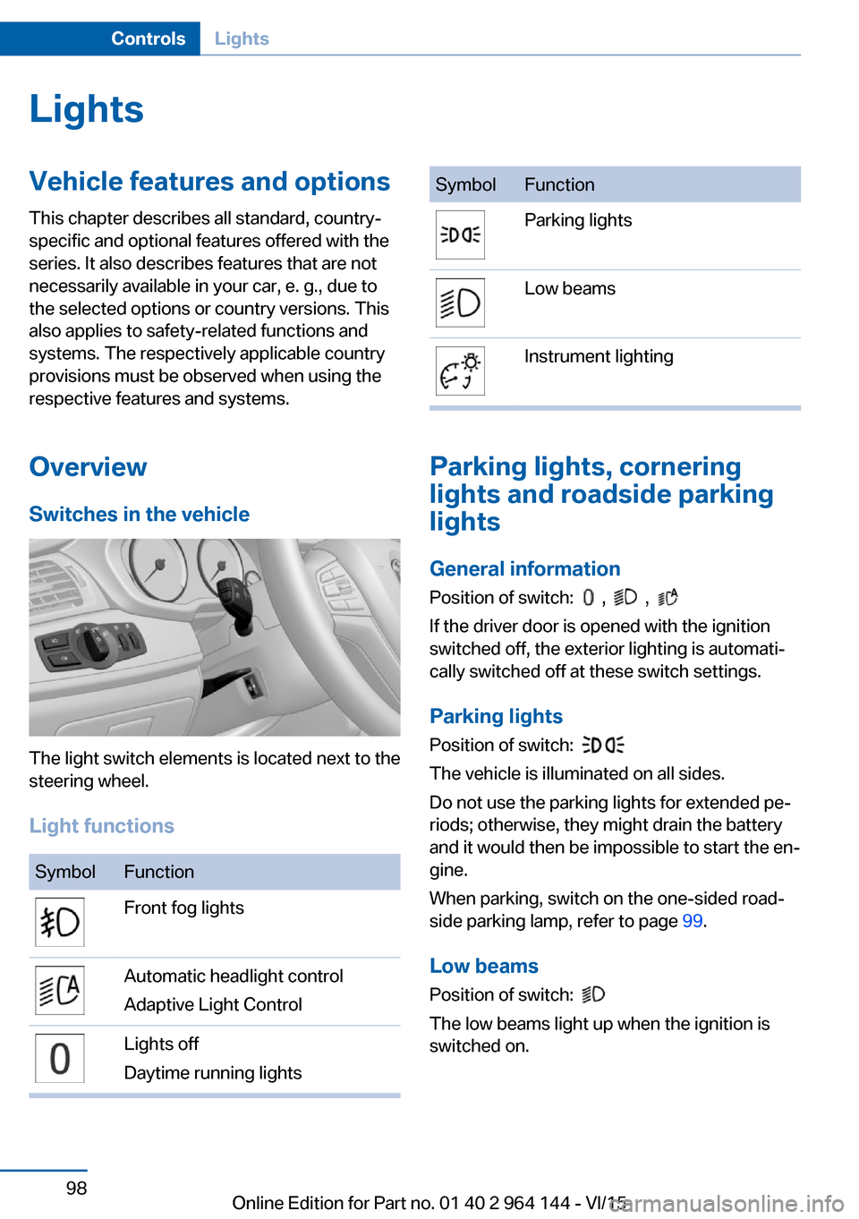 BMW X4 2015 F26 Owners Guide LightsVehicle features and optionsThis chapter describes all standard, country-
specific and optional features offered with the
series. It also describes features that are not
necessarily available in