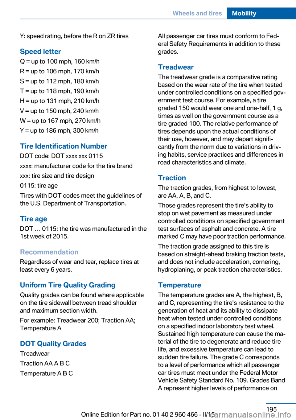 BMW ACTIVE HYBRID 3 2015 F30H Owners Manual Y: speed rating, before the R on ZR tiresSpeed letter
Q = up to 100 mph, 160 km/h
R = up to 106 mph, 170 km/h
S = up to 112 mph, 180 km/h
T = up to 118 mph, 190 km/h
H = up to 131 mph, 210 km/h
V = up
