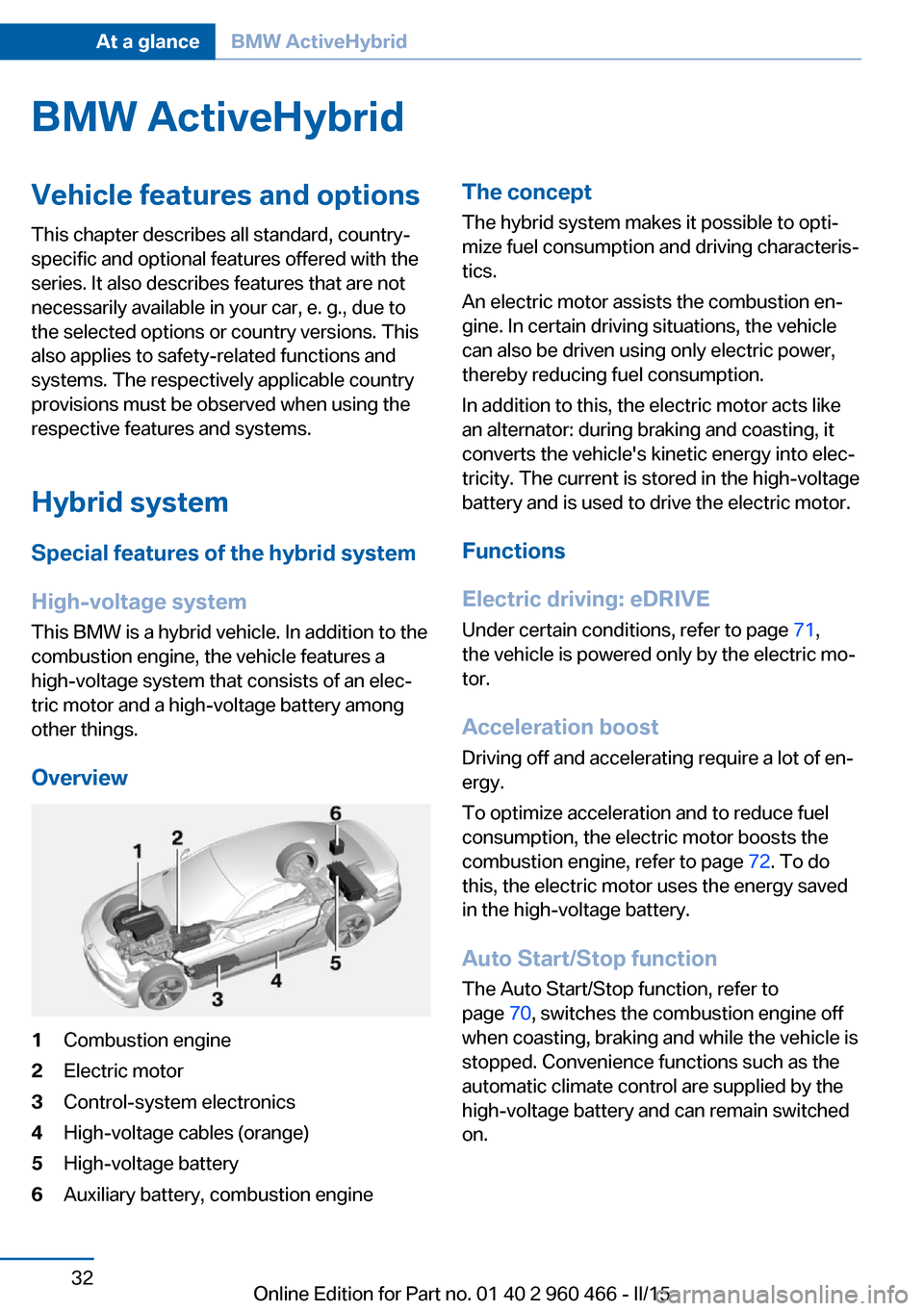 BMW ACTIVE HYBRID 3 2015 F30H Owners Manual BMW ActiveHybridVehicle features and options
This chapter describes all standard, country-
specific and optional features offered with the
series. It also describes features that are not
necessarily a