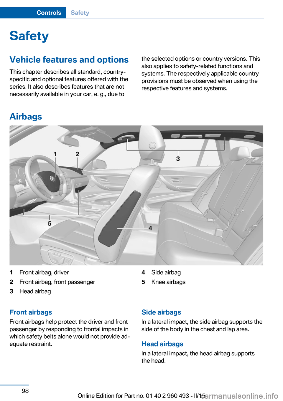 BMW 3 SERIES SPORTS WAGON 2015 F31 Owners Manual SafetyVehicle features and options
This chapter describes all standard, country-
specific and optional features offered with the
series. It also describes features that are not
necessarily available i