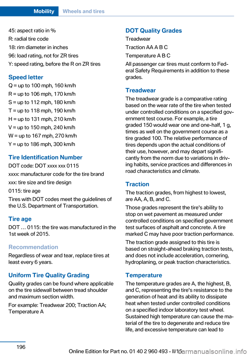 BMW 3 SERIES SPORTS WAGON 2015 F31 User Guide 45: aspect ratio in %
R: radial tire code
18: rim diameter in inches
96: load rating, not for ZR tires
Y: speed rating, before the R on ZR tires
Speed letter
Q = up to 100 mph, 160 km/h
R = up to 106 