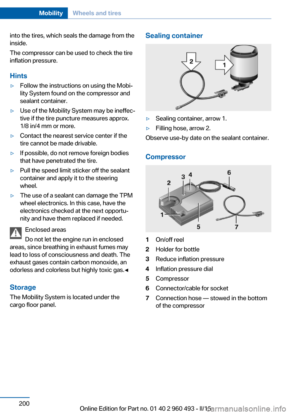 BMW 3 SERIES SPORTS WAGON 2015 F31 Owners Guide into the tires, which seals the damage from the
inside.
The compressor can be used to check the tire
inflation pressure.
Hints▷Follow the instructions on using the Mobi‐
lity System found on the c