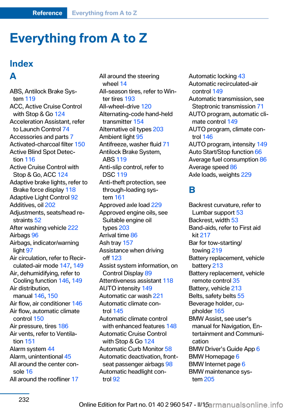 BMW 4 SERIES CONVERTIBLE 2015 F33 Service Manual Everything from A to Z
IndexA ABS, Antilock Brake Sys‐ tem  119 
ACC, Active Cruise Control with Stop & Go  124 
Acceleration Assistant, refer to Launch Control  74 
Accessories and parts  7 
Activa
