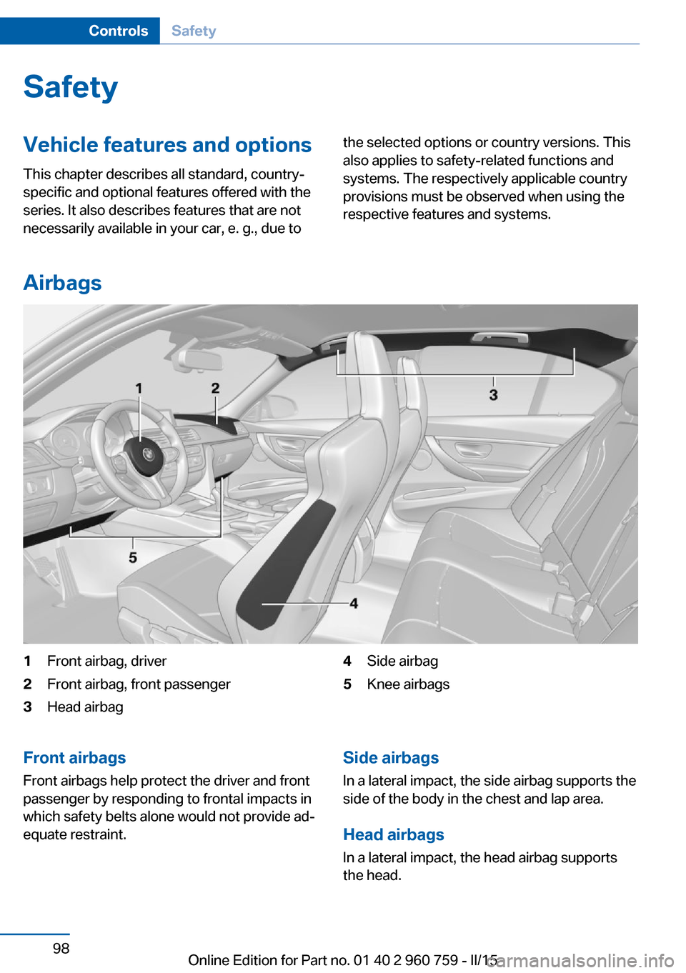 BMW M3 2015 F80 Owners Guide SafetyVehicle features and options
This chapter describes all standard, country-
specific and optional features offered with the
series. It also describes features that are not
necessarily available i