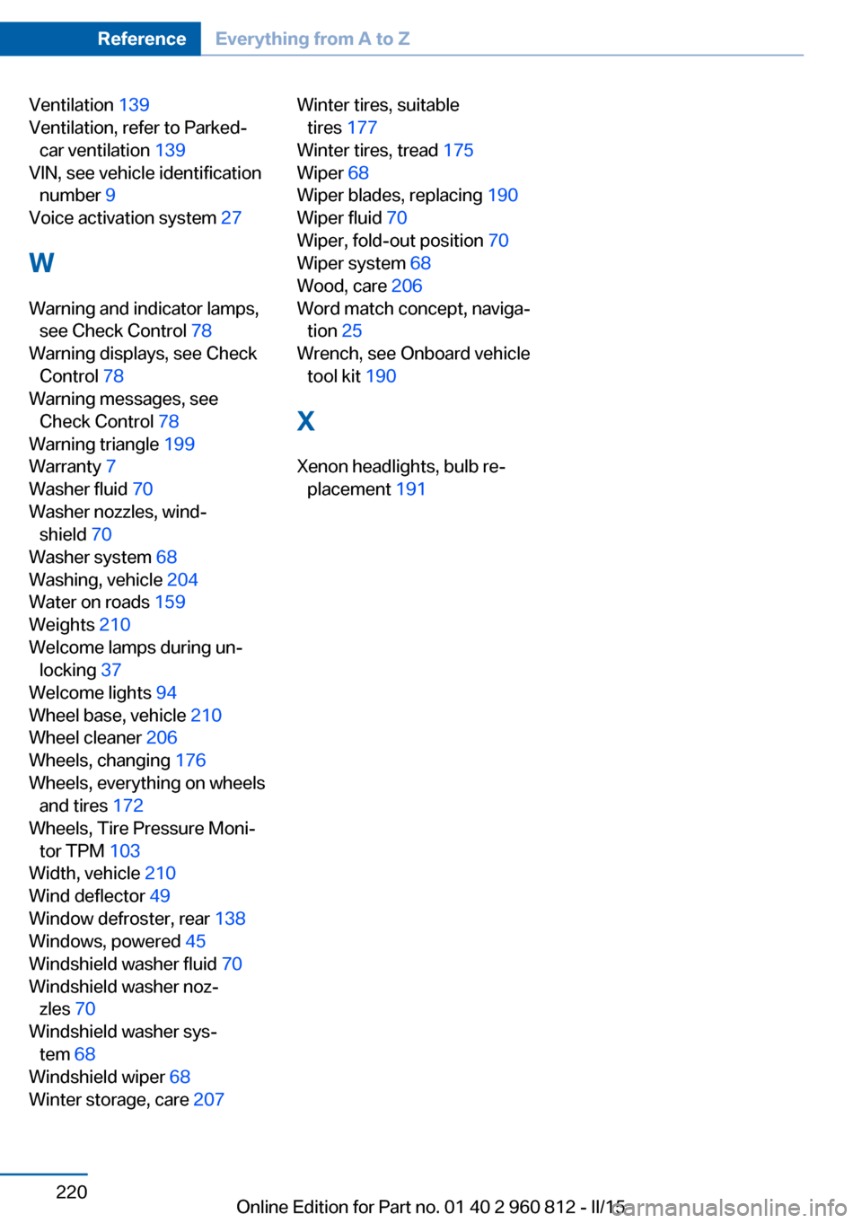 BMW M4 CONVERTIBLE 2015 F83 Owners Manual Ventilation 139 
Ventilation, refer to Parked- car ventilation  139 
VIN, see vehicle identification number  9 
Voice activation system  27 
W Warning and indicator lamps, see Check Control  78 
Warni