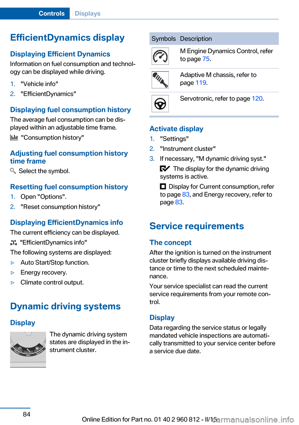 BMW M4 CONVERTIBLE 2015 F83 Owners Guide EfficientDynamics display
Displaying Efficient Dynamics
Information on fuel consumption and technol‐ ogy can be displayed while driving.1."Vehicle info"2."EfficientDynamics"
Displaying fuel consumpt