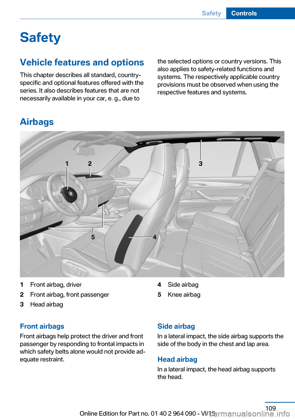 BMW X5M 2015 F85 Owners Manual SafetyVehicle features and options
This chapter describes all standard, country-
specific and optional features offered with the
series. It also describes features that are not
necessarily available i