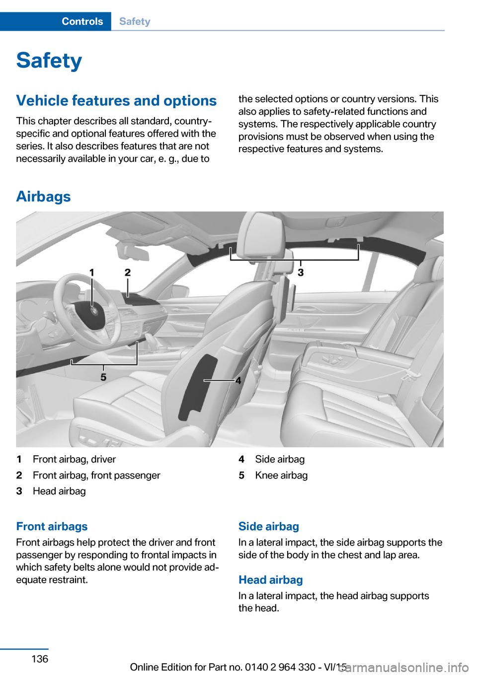 BMW 7 SERIES LONG 2015 G12 Owners Manual SafetyVehicle features and options
This chapter describes all standard, country-
specific and optional features offered with the
series. It also describes features that are not
necessarily available i