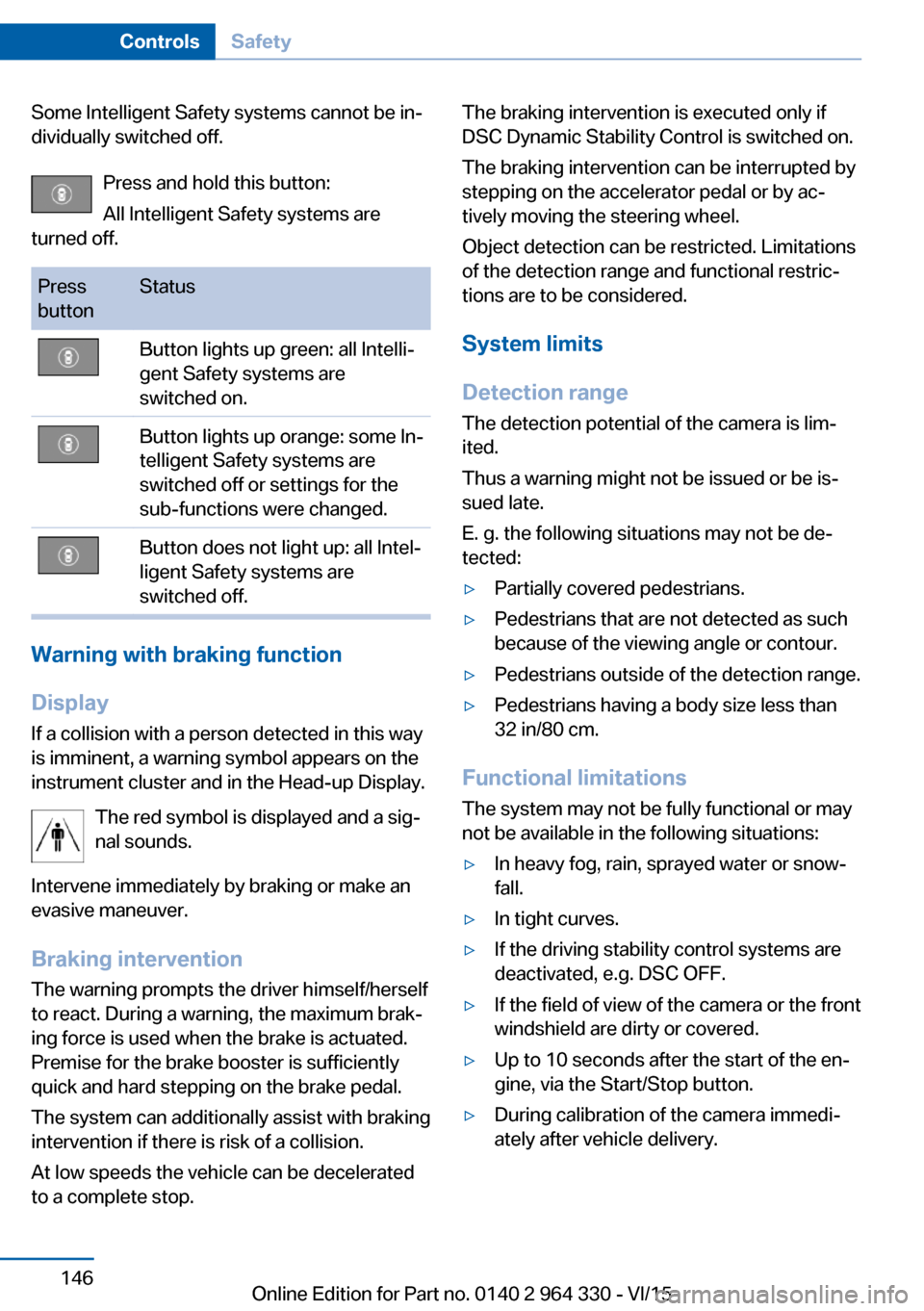 BMW 7 SERIES LONG 2015 G12 Owners Manual Some Intelligent Safety systems cannot be in‐
dividually switched off.
Press and hold this button:
All Intelligent Safety systems are
turned off.Press
buttonStatusButton lights up green: all Intelli BMW 7 SERIES LONG 2015 G12 Owners Manual Some Intelligent Safety systems cannot be in‐
dividually switched off.
Press and hold this button:
All Intelligent Safety systems are
turned off.Press
buttonStatusButton lights up green: all Intelli