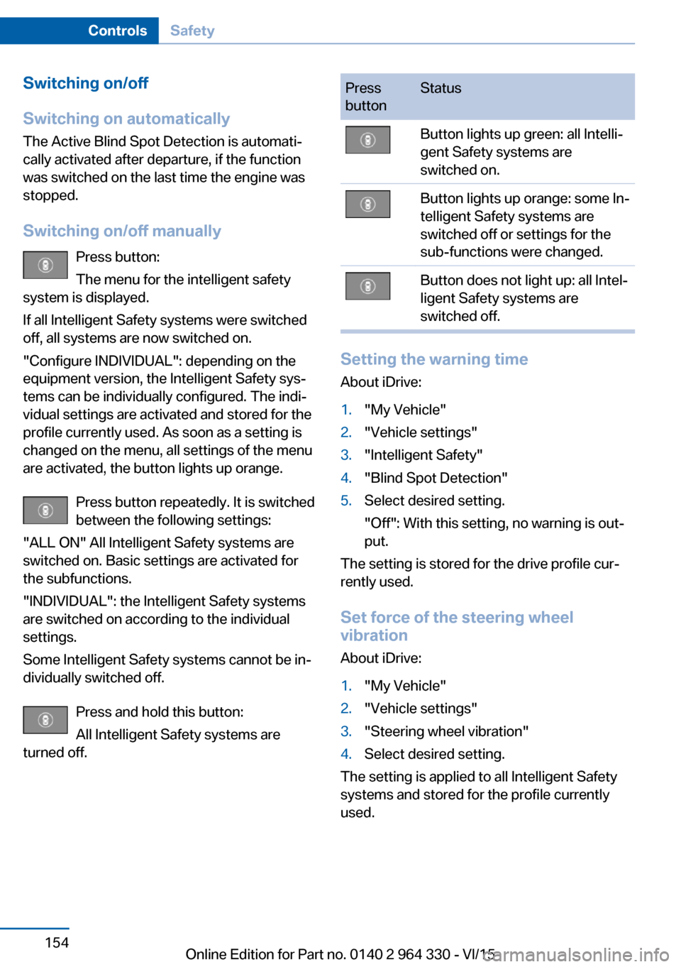 BMW 7 SERIES LONG 2015 G12 Owners Manual Switching on/off
Switching on automatically The Active Blind Spot Detection is automati‐
cally activated after departure, if the function
was switched on the last time the engine was
stopped.
Switch BMW 7 SERIES LONG 2015 G12 Owners Manual Switching on/off
Switching on automatically The Active Blind Spot Detection is automati‐
cally activated after departure, if the function
was switched on the last time the engine was
stopped.
Switch