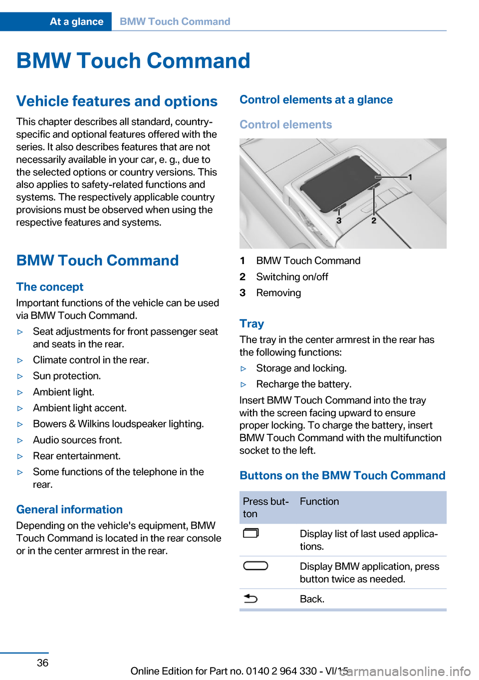 BMW 7 SERIES LONG 2015 G12 Owners Manual BMW Touch CommandVehicle features and options
This chapter describes all standard, country-
specific and optional features offered with the
series. It also describes features that are not
necessarily 