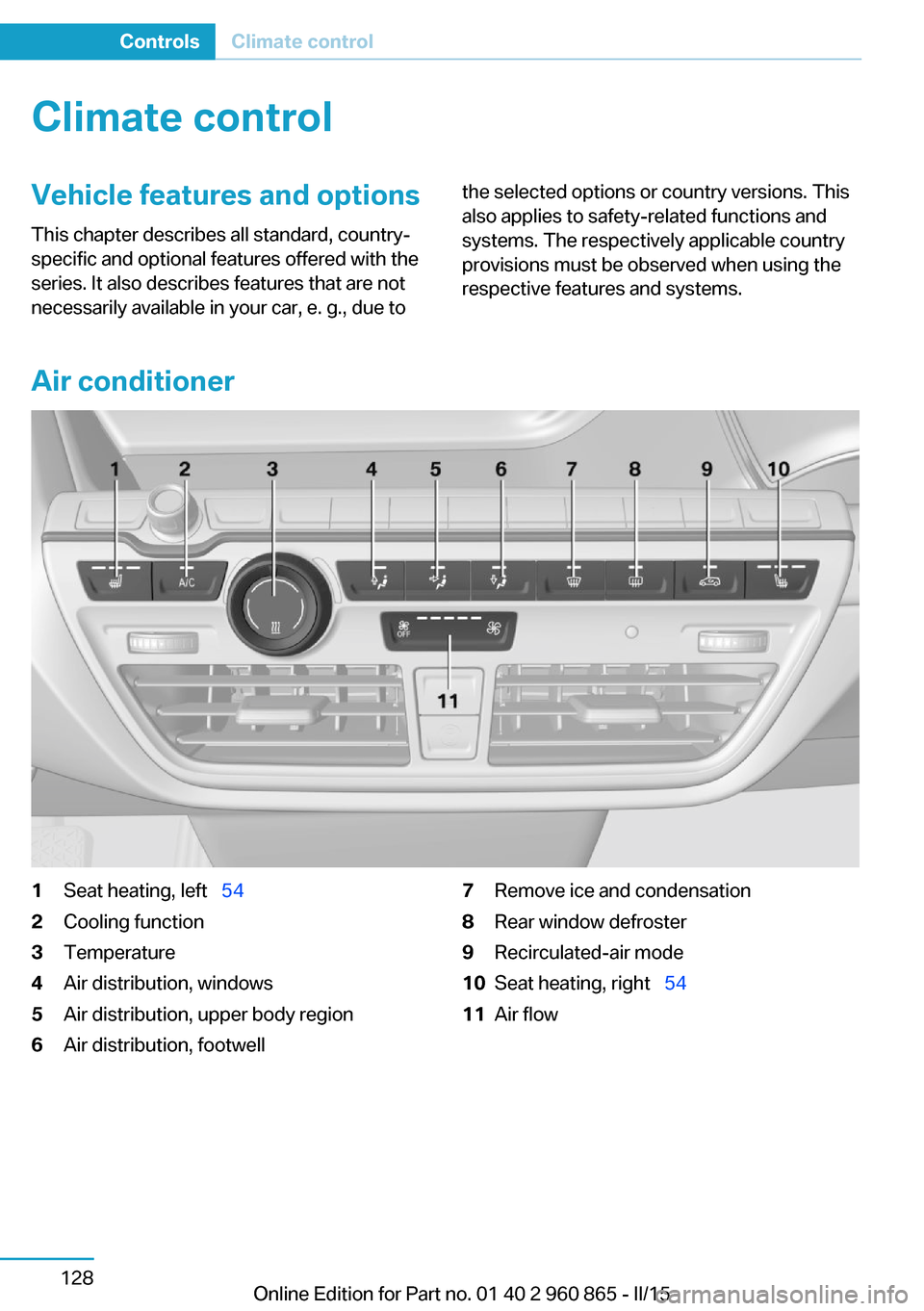 BMW I3 2015 I01 Owners Manual Climate controlVehicle features and options
This chapter describes all standard, country-
specific and optional features offered with the
series. It also describes features that are not
necessarily av