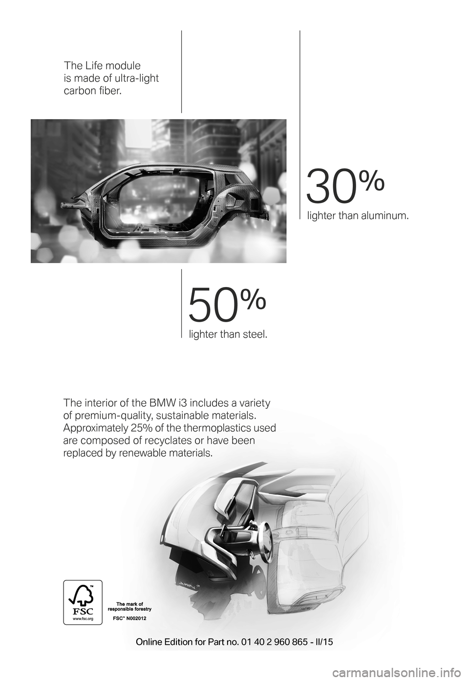 BMW I3 2015 I01 Owners Manual The interior of the BMW i3 includes a variety  
of premium-quality, sustainable materials. 
Approximately 25% of the thermoplastics used 
are composed of recyclates or have been 
replaced by renewable