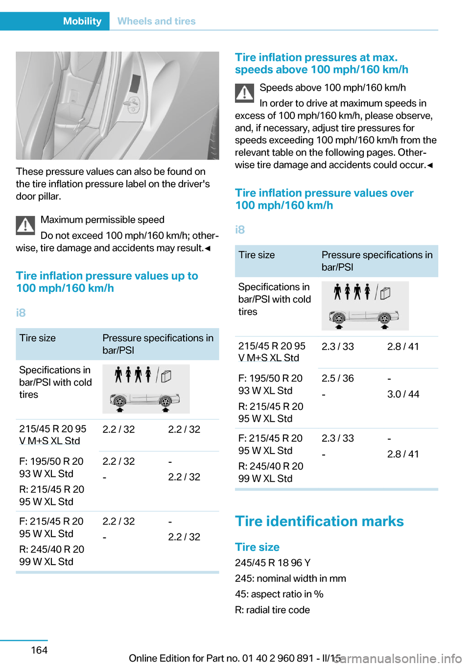 BMW I8 2015 I12 Owners Manual These pressure values can also be found on
the tire inflation pressure label on the drivers
door pillar.
Maximum permissible speed
Do not exceed 100 mph/160 km/h; other‐
wise, tire damage and accid BMW I8 2015 I12 Owners Manual These pressure values can also be found on
the tire inflation pressure label on the drivers
door pillar.
Maximum permissible speed
Do not exceed 100 mph/160 km/h; other‐
wise, tire damage and accid