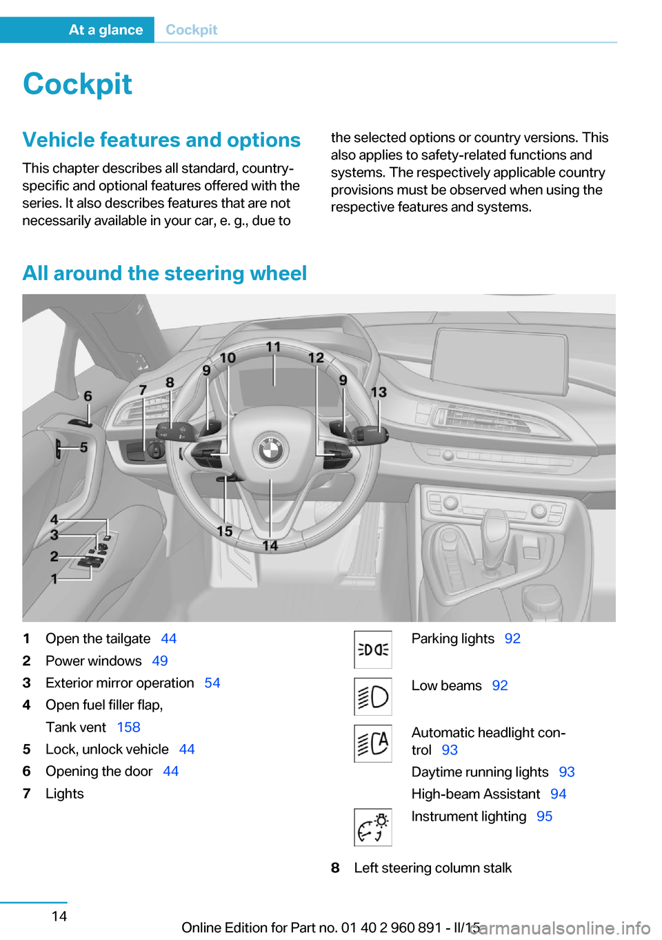 BMW I8 2015 I12 Owners Manual CockpitVehicle features and options
This chapter describes all standard, country-
specific and optional features offered with the
series. It also describes features that are not
necessarily available BMW I8 2015 I12 Owners Manual CockpitVehicle features and options
This chapter describes all standard, country-
specific and optional features offered with the
series. It also describes features that are not
necessarily available