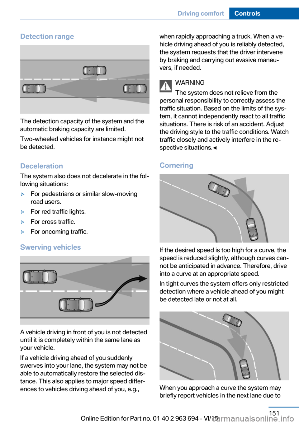 BMW ACTIVE HYBRID 5 2016 F10H Owners Manual Detection range
The detection capacity of the system and the
automatic braking capacity are limited.
Two-wheeled vehicles for instance might not
be detected.
Deceleration
The system also does not dece BMW ACTIVE HYBRID 5 2016 F10H Owners Manual Detection range
The detection capacity of the system and the
automatic braking capacity are limited.
Two-wheeled vehicles for instance might not
be detected.
Deceleration
The system also does not dece
