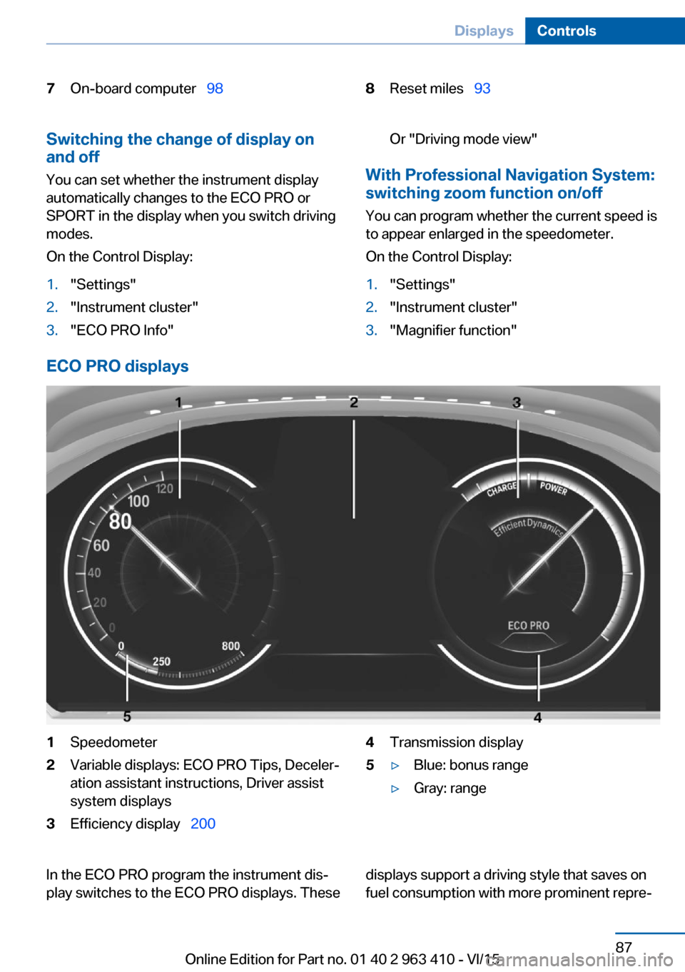 BMW X5 2016 F15 User Guide 7On-board computer  988Reset miles  93Switching the change of display on
and off
You can set whether the instrument display
automatically changes to the ECO PRO or
SPORT in the display when yo