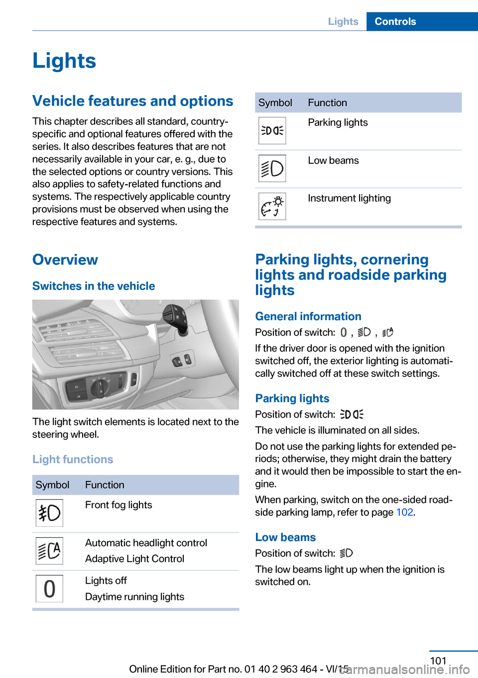 BMW X6 2016 F16 Owners Guide LightsVehicle features and optionsThis chapter describes all standard, country-
specific and optional features offered with the
series. It also describes features that are not
necessarily available in