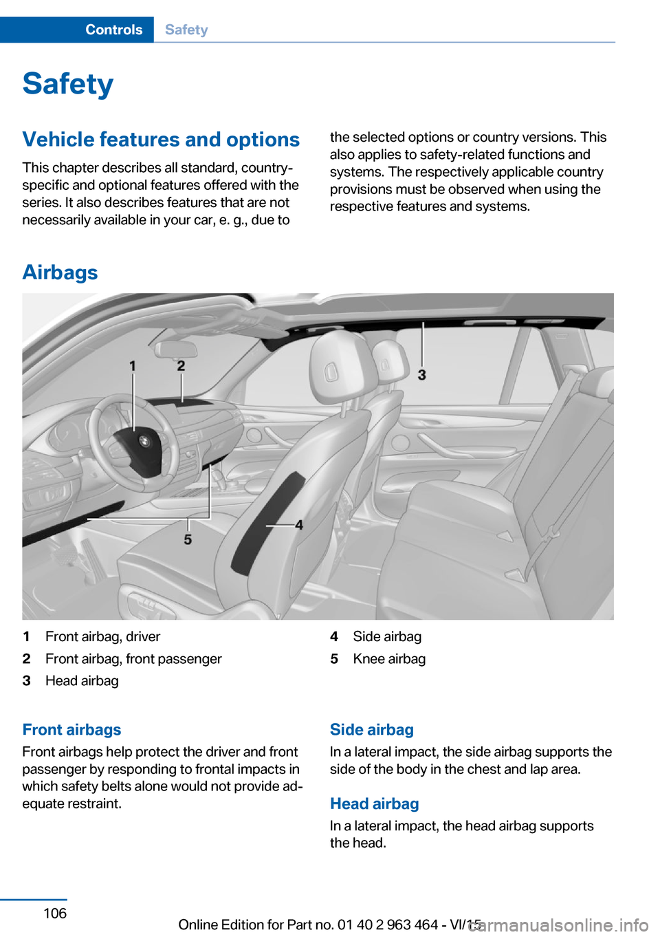 BMW X6 2016 F16 Owners Manual SafetyVehicle features and options
This chapter describes all standard, country-
specific and optional features offered with the
series. It also describes features that are not
necessarily available i