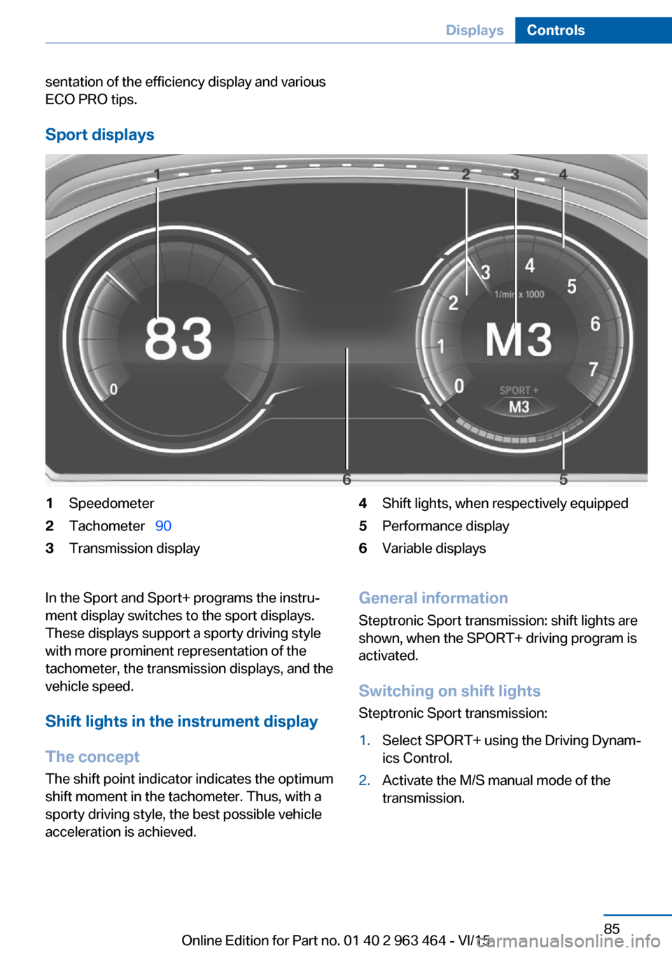 BMW X6 2016 F16 Owners Guide sentation of the efficiency display and various
ECO PRO tips.
Sport displays
1Speedometer2Tachometer   903Transmission display4Shift lights, when respectively equipped5Performance display6Variable